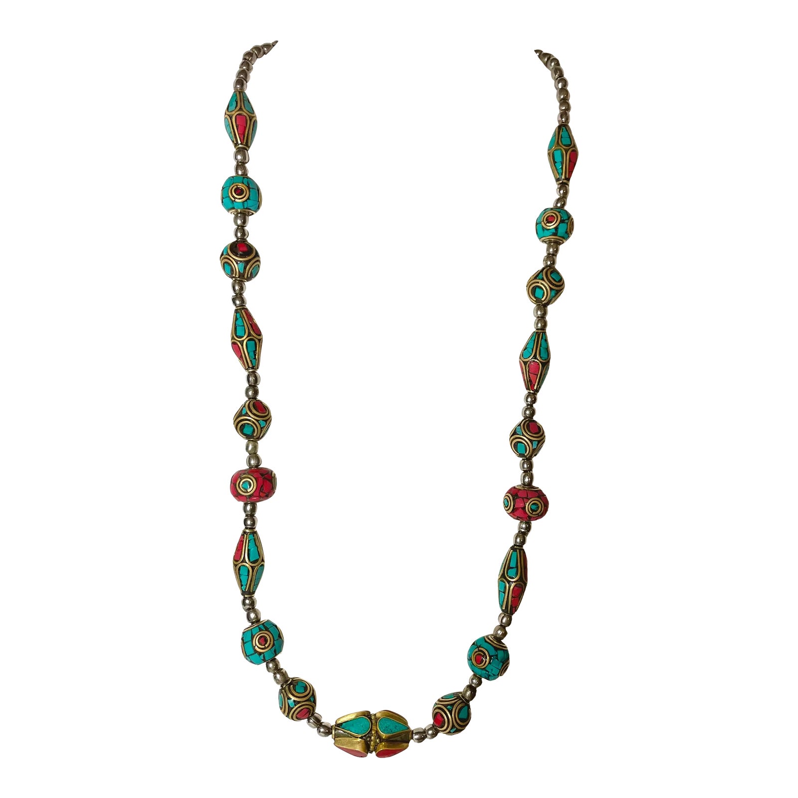 Tibetan Vintage Turquoise & Coral Metal Beaded Strand Necklace TT5
