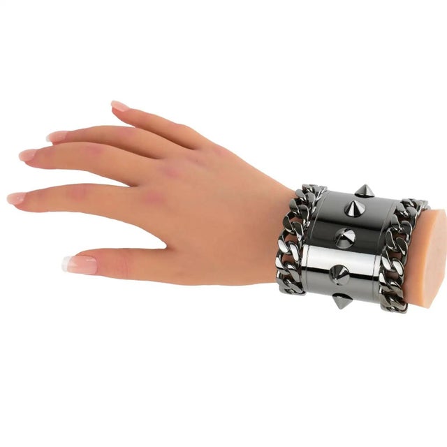 Gray Givenchy Paris High-Gloss Gunmetal Chains and Studs Cuff Bracelet For Sale - Image 8 of 16