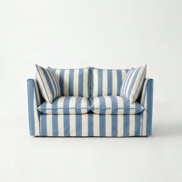 Sophie Conran Coco 2 Seater Sofa - Cornish Blue Wide Stripes with Knife Edge Cushion For Sale - Image 4 of 4