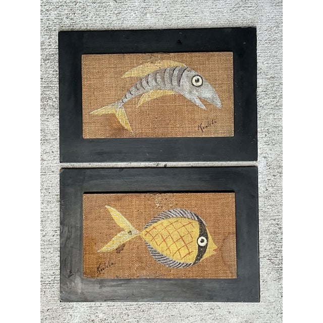 Vintage MCM Fish Motif Paintings on Burlap - Pair For Sale - Image 11 of 13