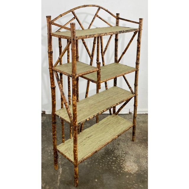 Vintage Scorched Bamboo Tiered Shelf With Grasscloth Liner For Sale - Image 4 of 8