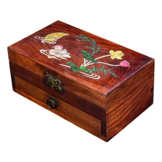 Vintage Rosewood Jewelry Box With Mother of Pearl Mandarin Ducks & Drawer For Sale