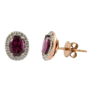 Rhodolite Garnet and Halo Diamond Stud Earrings - 2 Pieces