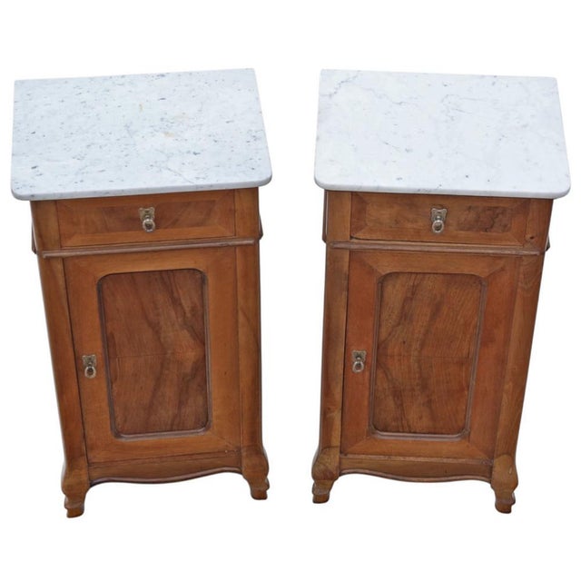Antique Cherry and Walnut Bedside Tables with Marble Tops, 1890s, Set of 2 For Sale - Image 5 of 9