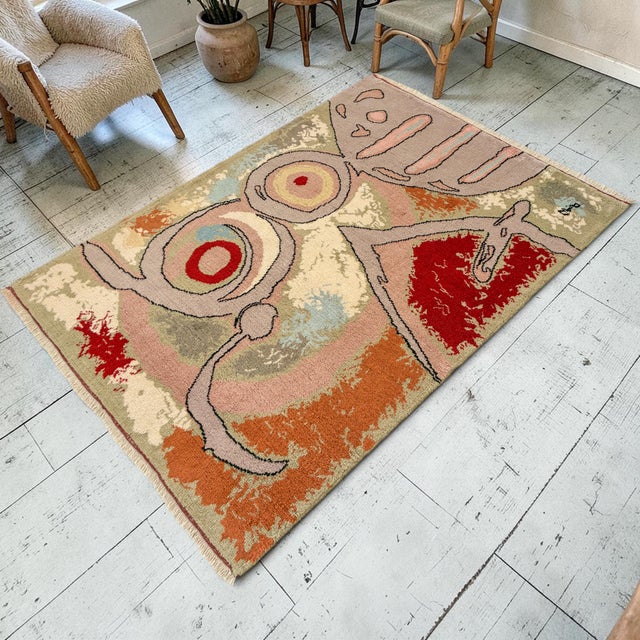 Mid-Century Modern Vintage French Gobelin Mid-Century Joan Miro Art “Woman and Birds” Area Rug 3′7″ X 5′8″ For Sale - Image 3 of 18