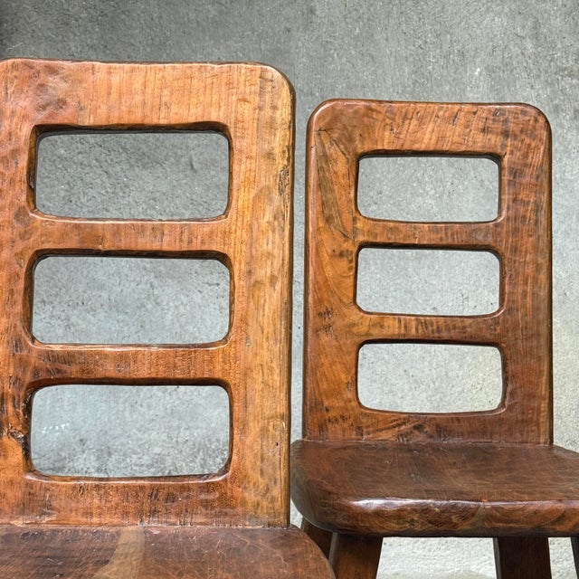 Wood Pair of Vintage Hand-Carved Modernist/Brutalist Ladder-Back Chairs For Sale - Image 7 of 12