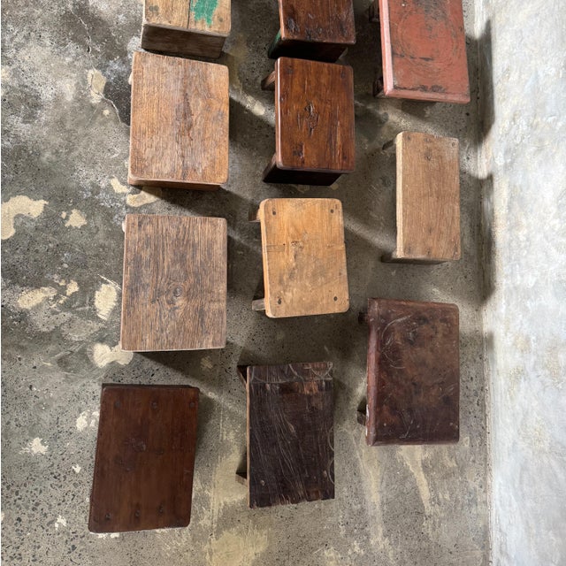 Brown Small Occasional Stool in Upcycled Dark Brown Teak with Engraved Wood Finish, 1990s For Sale - Image 8 of 13