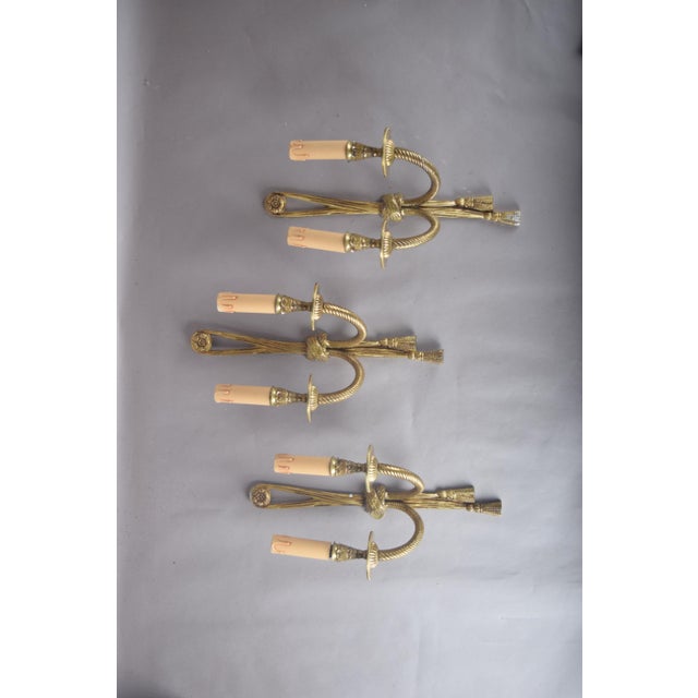 Brass Double-Arm Wall Sconces with Rope and Tassel Motif, 1950s, Set of 3 For Sale - Image 4 of 10
