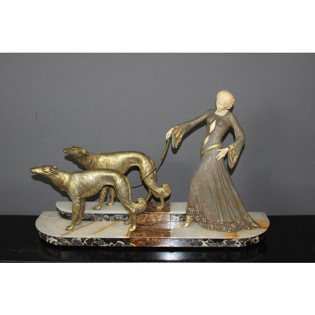Georges Gori, Woman with Greyhounds, 1925, Faux Chryséléphantine For Sale - Image 3 of 18
