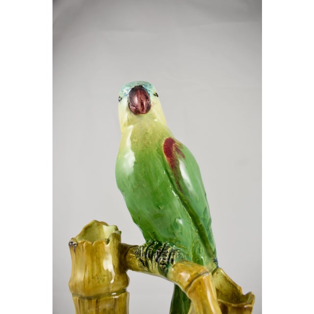 French Delphin Massier Parrot on Bamboo Double Vase, Signed For Sale - Image 10 of 15
