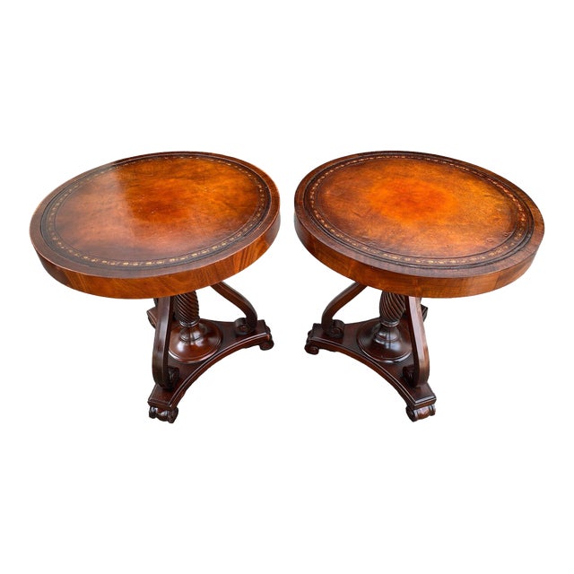 Pair of 1920s Regency Mahogany Leather Top Lamp Accent Tables For Sale