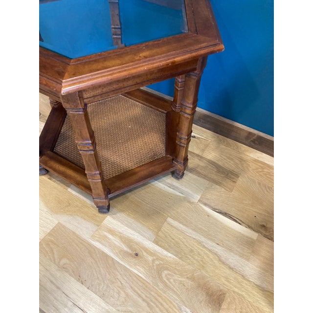 1970s Vintage Glass Top Side Table With Cane Shelf For Sale - Image 4 of 5