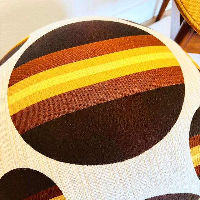 Wood Mushroom Ottoman in Mid Century Vintage Fabric - Brown and Yellow Circles For Sale - Image 7 of 12