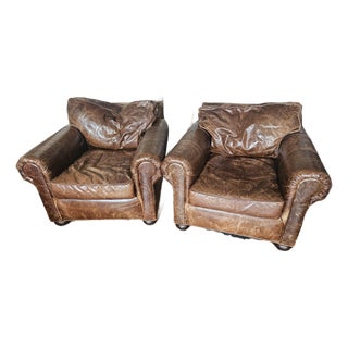 Restoration Hardware Lancaster Brown Leather Luxe Depth Club Chairs For Sale