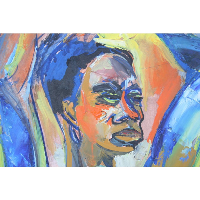 Abstract expressionist tribal painting of a nude female done in bold, vibrant colors by artist Gustave Alhadeff in 1962...