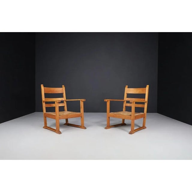 1940s French Provincial Oak and Rush Armchairs, France, 1940s, Set of 2 For Sale - Image 5 of 10