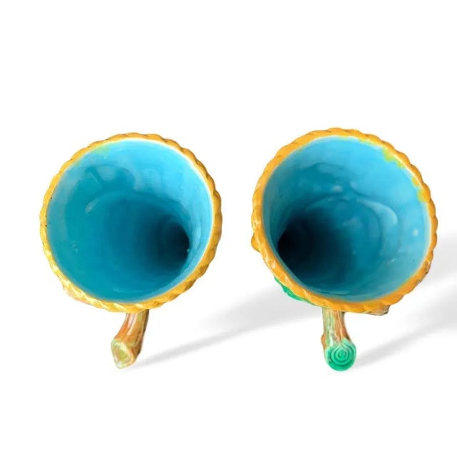 Victorian George Jones Majolica Vases White Wicker, Turquoise Lined, English, 1875 - a Pair For Sale - Image 3 of 13