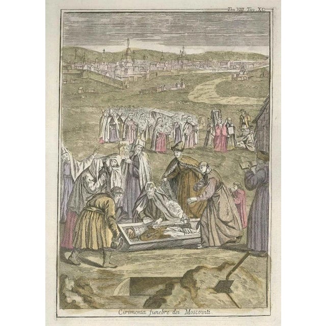 Moscovite funeral ceremony etchings, hand-watercoloured. Vol. Viii, plate xc image dim: cm 25.5 x 18; sheet dim: cm 37.5 x...
