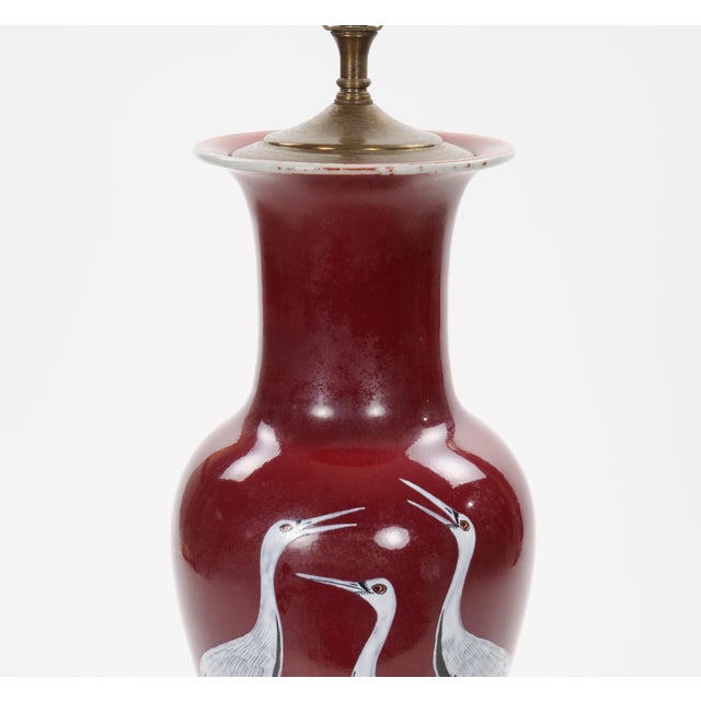 Burgundy Pair of Mid-20th Century Burgundy Red Porcelain Chinoiserie Heron Table Lamps For Sale - Image 8 of 12