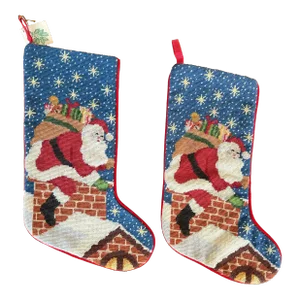 Christmas Santa Needlepoint Stockings-- a Pair