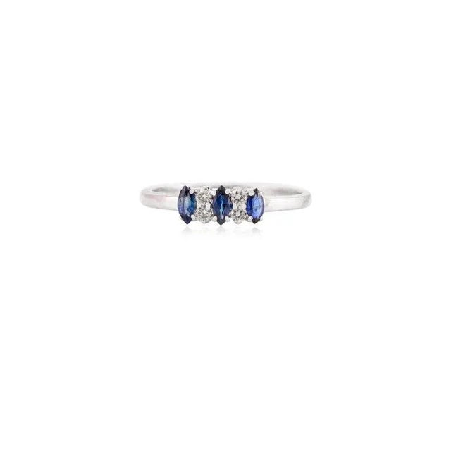 Art Deco Three Stone Blue Sapphire and Diamond Ring Size 7 in 14k Solid Gold For Sale - Image 3 of 10