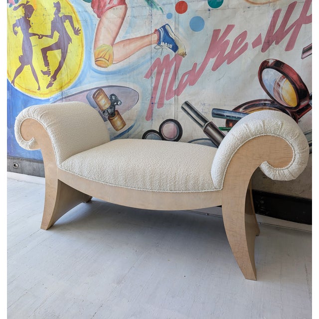 Large scroll-end upholstered bench / chaise / ottoman, USA 1980s. Bleached burr wood veneer; newly upholstered in ivory...