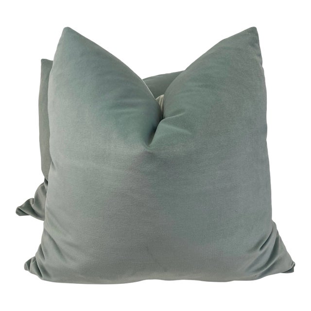 Cotton Velvet in Mineral 22” Pillows - a Pair For Sale