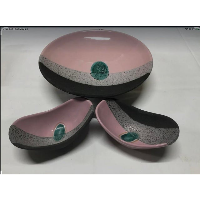 Rare find n USA. Italian artist Etorre Satsass for Bitossi pink & black lava glazed console bowl w 2 matching side bowls....