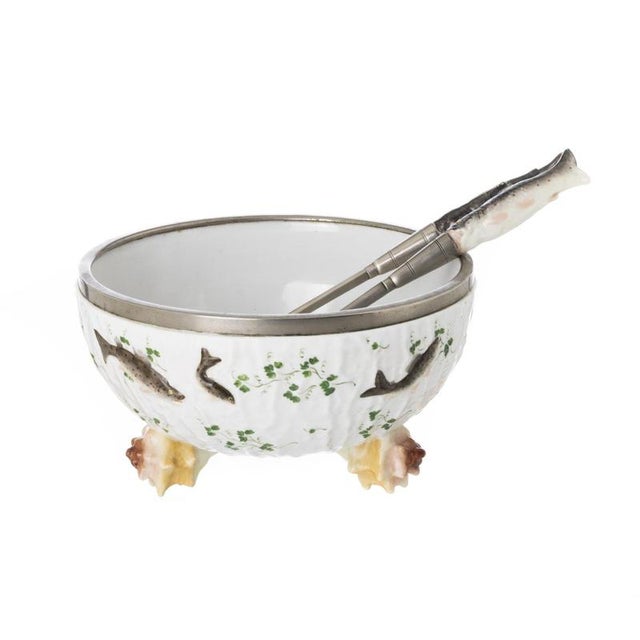 Porcelain Salad Bowl with Serving Utensils, Set of 3 For Sale - Image 6 of 6