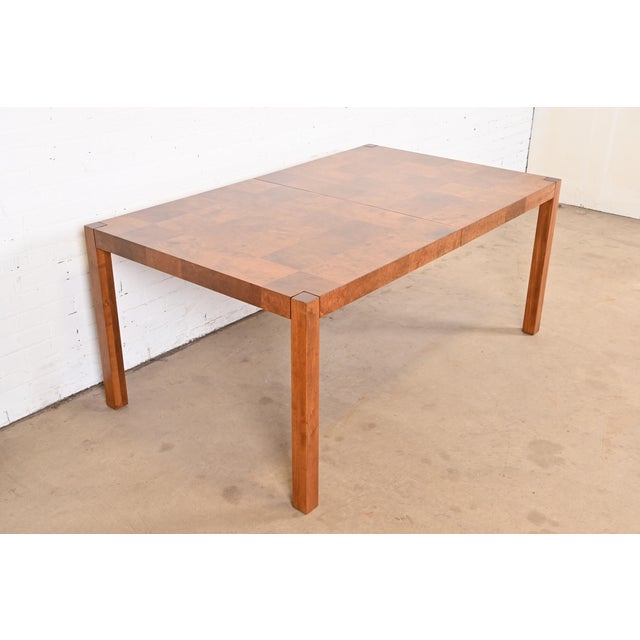 Brown Milo Baughman for Thayer Coggin Patchwork Burl Wood Parsons Extension Dining Table, Newly Refinished For Sale - Image 8 of 12