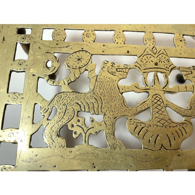 Rare Antique 18th Century Engraved Pierced Brass Lion Fireplace Footman Trivet For Sale - Image 14 of 15