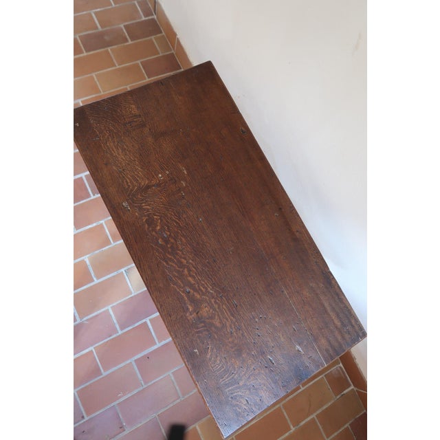 Brown Oak Side Table with Pegged Trestle Base, France, 1950s For Sale - Image 8 of 12