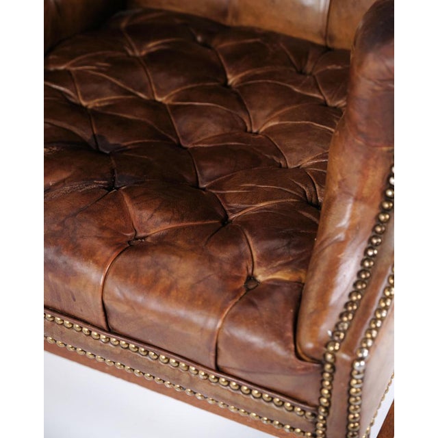 Set of George III Style Wingback Armchair and Ottoman in Brown Leather, 1890s For Sale - Image 13 of 15
