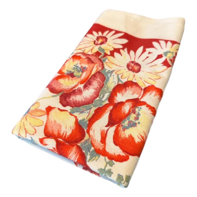 Vintage Floral Linen Bar Towel: Red Poppies, Cottage Kitchen For Sale