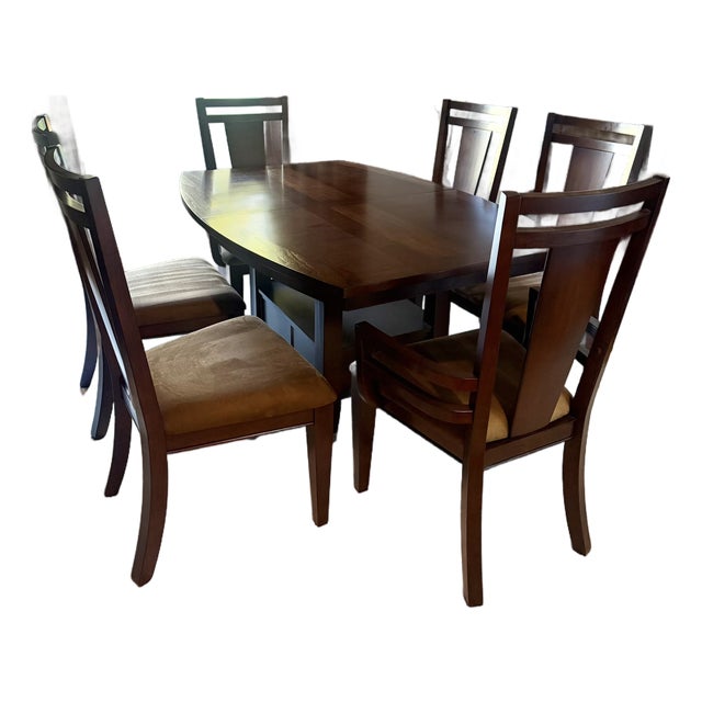 Broyhill Northern Lights Dark Walnut Dining Set-Extending Table With Leaf & 6 Chairs For Sale