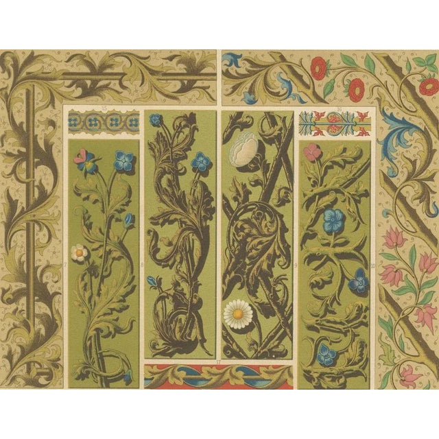 Medieval Floral Borders – Illuminated Manuscript Motifs, Plate L, c.1869 This richly detailed chromolithograph from Plate...