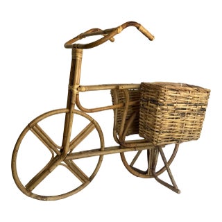 Vintage Wicker and Bamboo Bicycle Basket Decor For Sale
