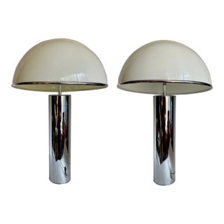 Pair of MCM Mushroom Dome Chrome Cylinder Table Lamps For Sale