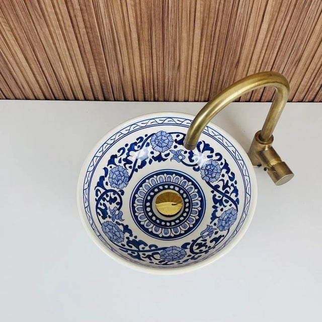 Flower Ceramic Handmade Moroccan Blue Design Sink for Bathroom For Sale - Image 6 of 7