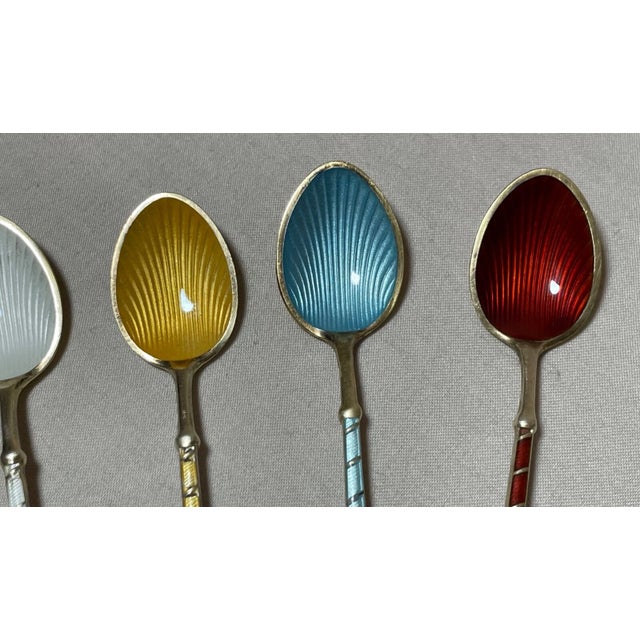 Metal 1940s Six Signed Elo Denmark Sterling Silver Gilt Guilloche Enamel Demi-Tasse Spoons For Sale - Image 7 of 12