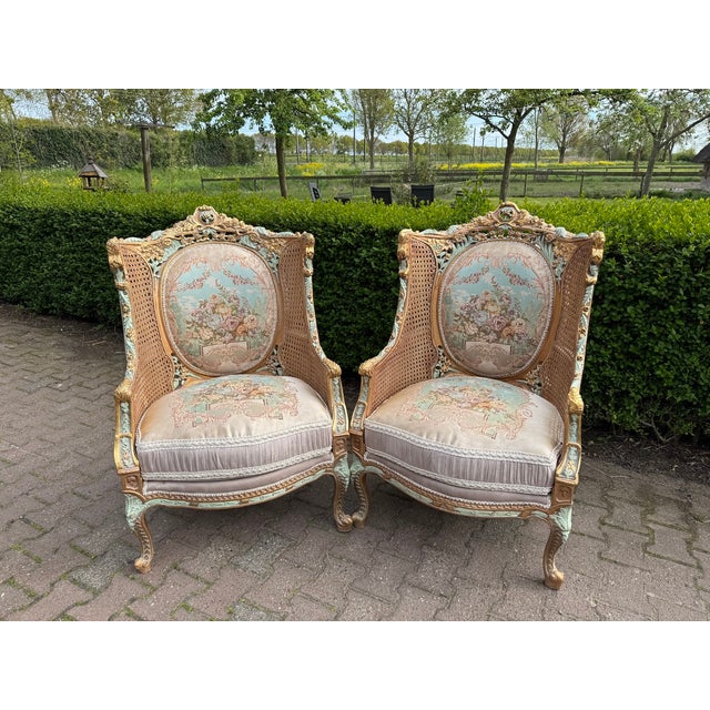 1940 French Louis XVI Pastel Beech Cane Bergères - Pair For Sale - Image 11 of 11