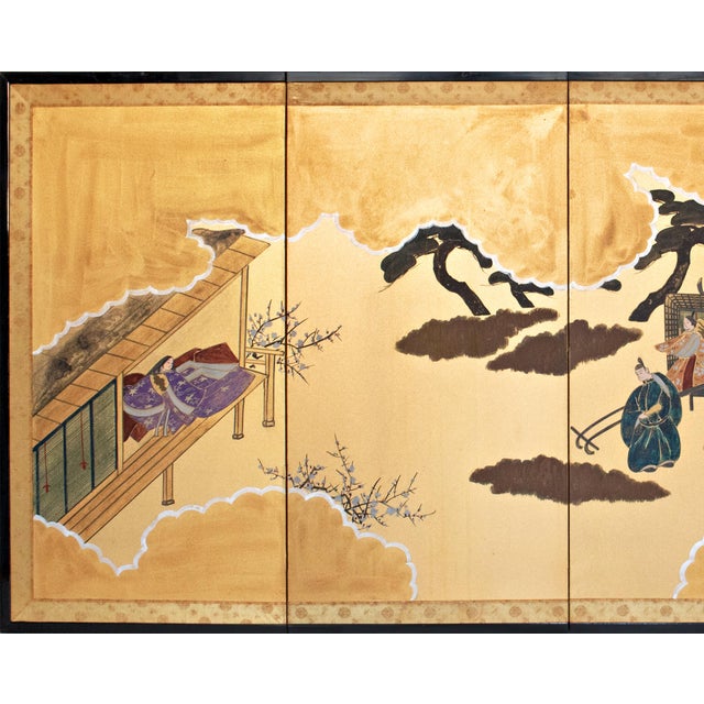 Elegant vintage, beautifully aged, Japanese 4-panel painted Byobu (folding screen) on gold background, depicts a scene...