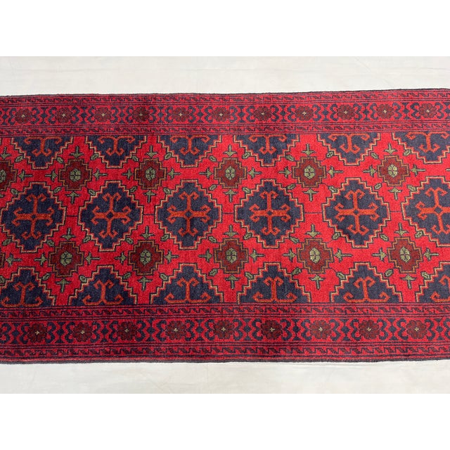 1990s Red & Navy Blue Geometric Tribal Wool Runner Rug, 2'7" X 12'6" For Sale - Image 5 of 13
