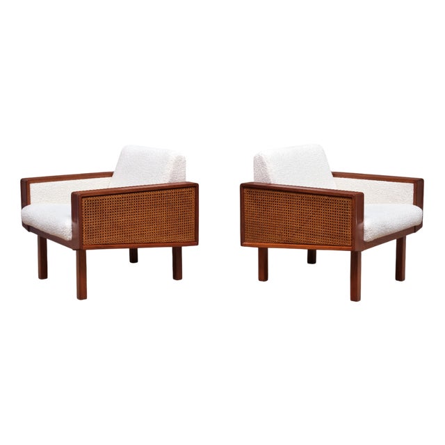 Armchairs in Mahogany, Cane and Bouclé attributed to BBPR, Italy, Late 1950s, Set of 2 For Sale