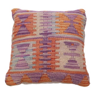 Arteverk Handwoven Afghan Kilim Pillow — Purple & Orange Tribal Motif For Sale
