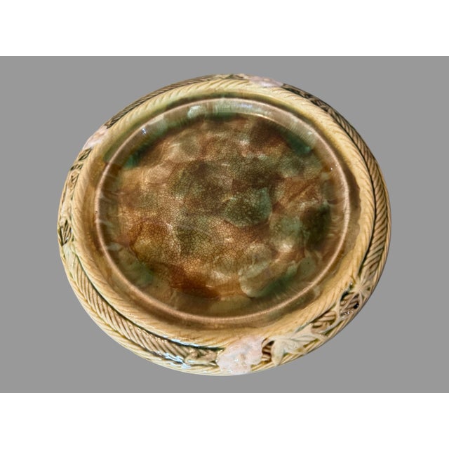 Ceramic Vintage Antique Majolica Pottery Floral Decorated Cheese Keeper Dome With Base For Sale - Image 7 of 10