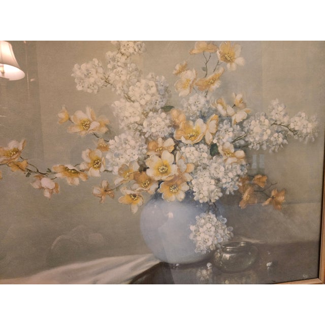American 1940s A. D. Greer Original Oil Painting Framed Dogwood Hydrangeas For Sale - Image 3 of 17