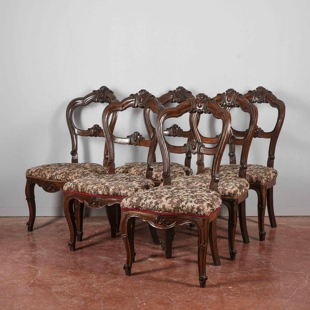 Carved and Damask Walnut Chairs, 19th Century, Set of 6 For Sale - Image 3 of 18