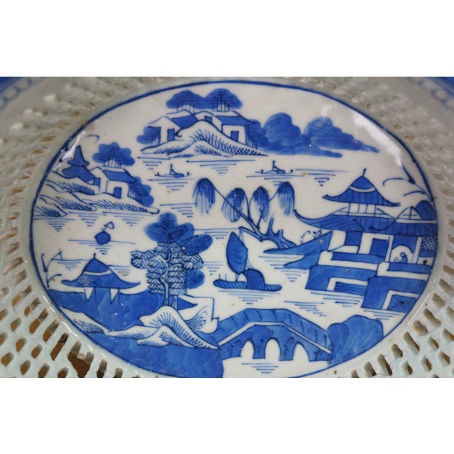 Antique Chinese Export Canton Blue White Reticulated Serving Plate & Basket For Sale - Image 10 of 17