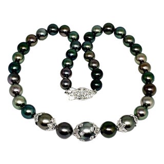 Diamond Tahitian Pearl Necklace 18k Gold 13.25 mm 17" Certified For Sale